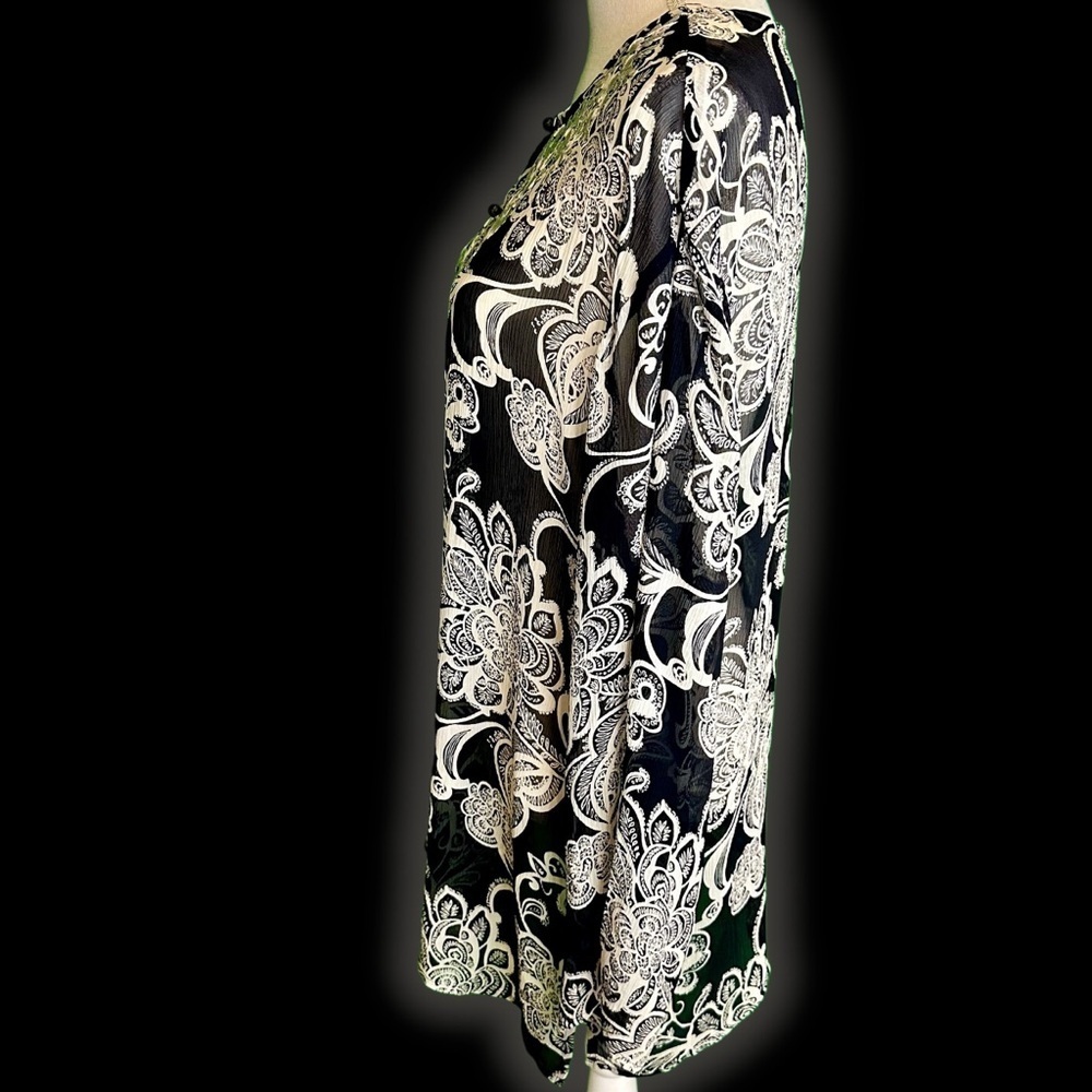 Oscar de la Renta Black & White 100% Silk Embroidered Long Sleeve Tunic Size 12 - Picture 10 of 11